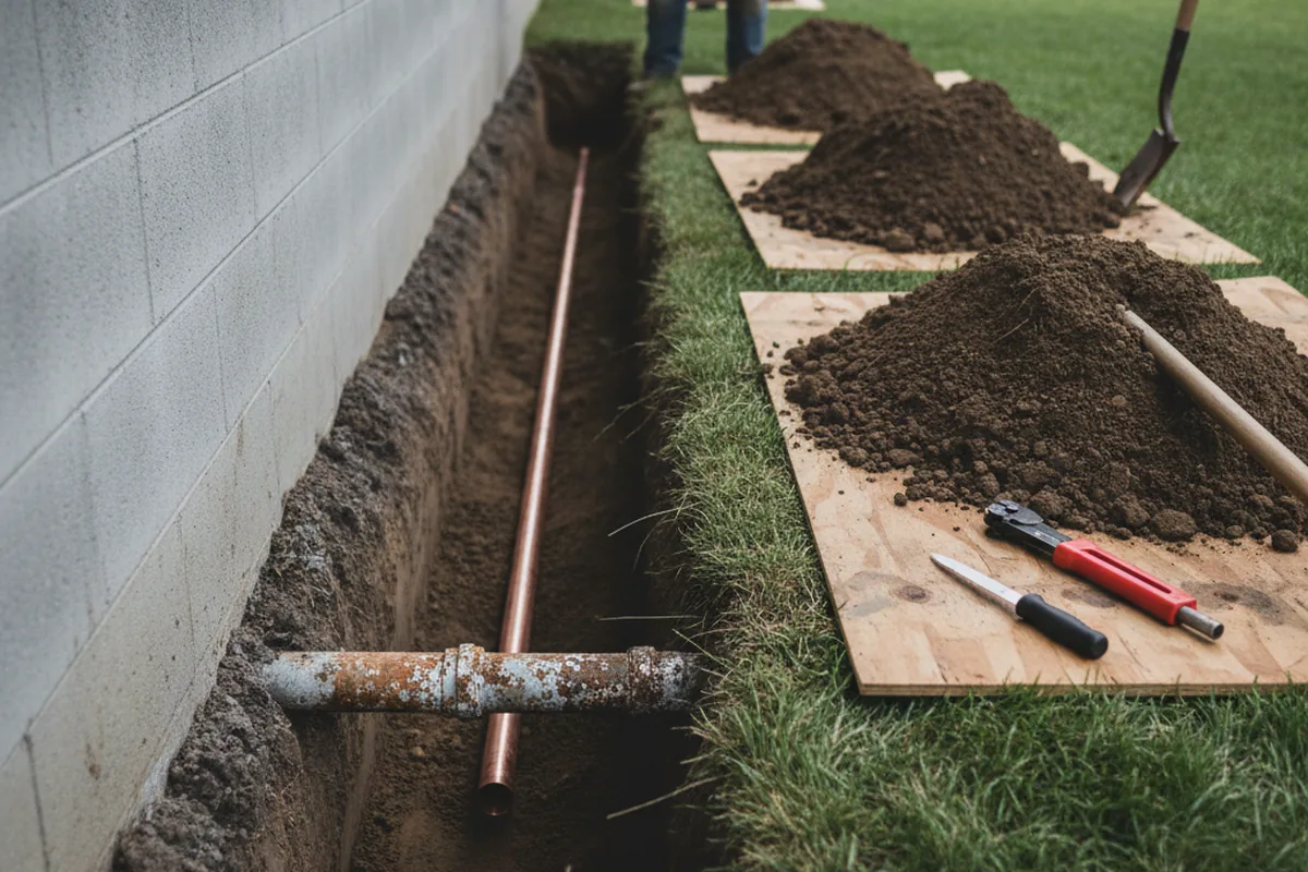 Excavated water line trench during Water Heater Repair in Boyce